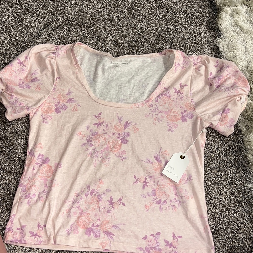 Coco & Jaimeson Crop Puff Sleeve Floral Pink Purple Shirt Size XL